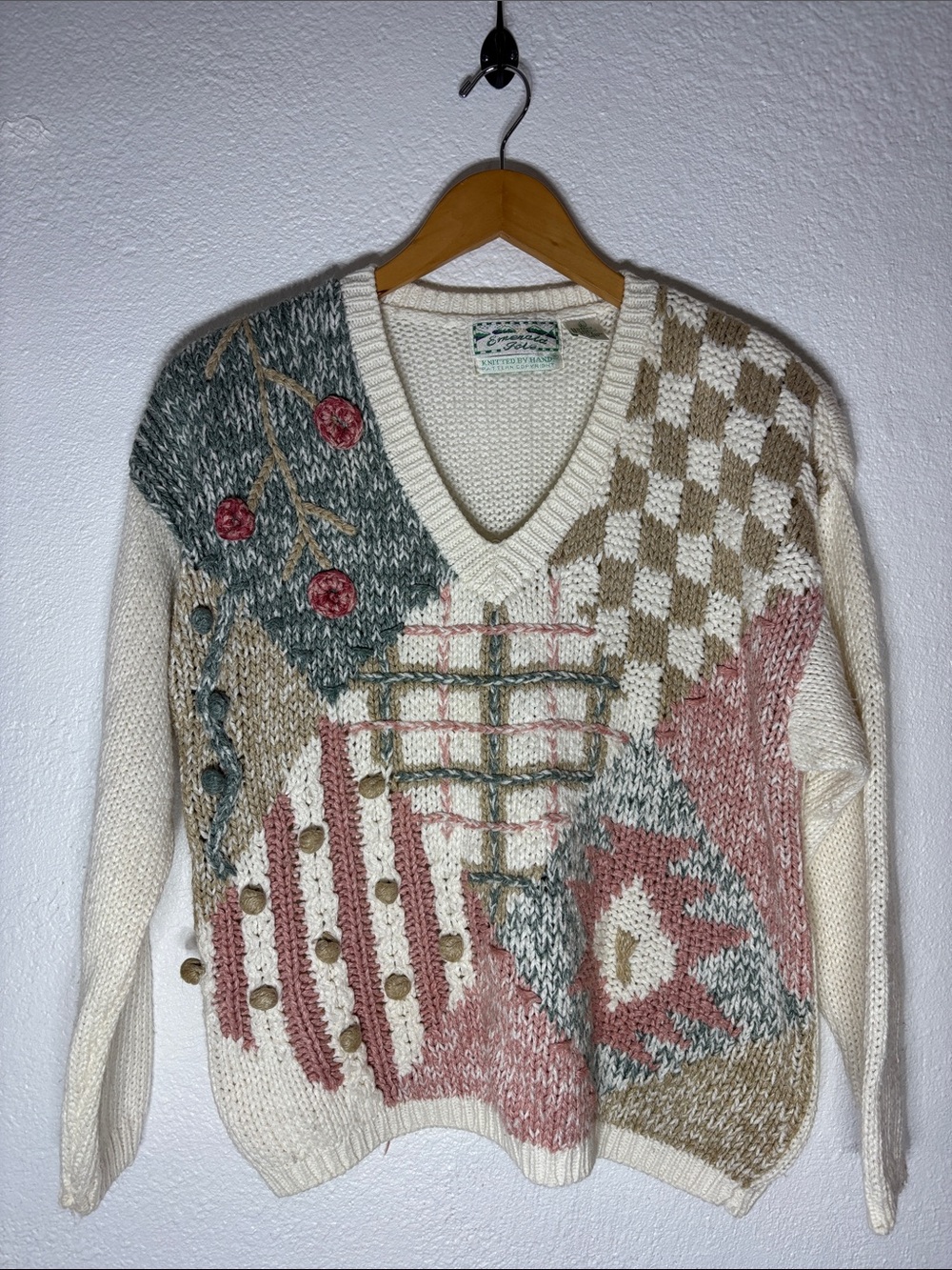 Vintage 90's Cottagecore Multicolor Patchwork V-Neck Hand Knit Sweater SZ Large